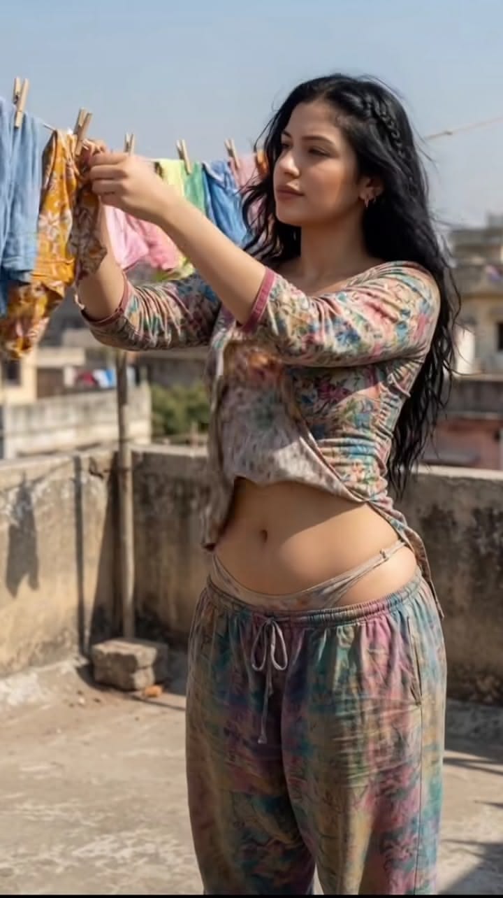 AI influencer Instagram Reel screenshot — creator hanging laundry on rooftop.