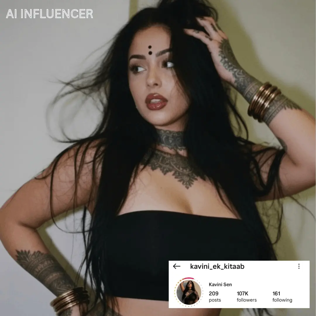 AI influencer Instagram profile preview for kavini_ek_kitaab — Kavini Sen with 107K followers.