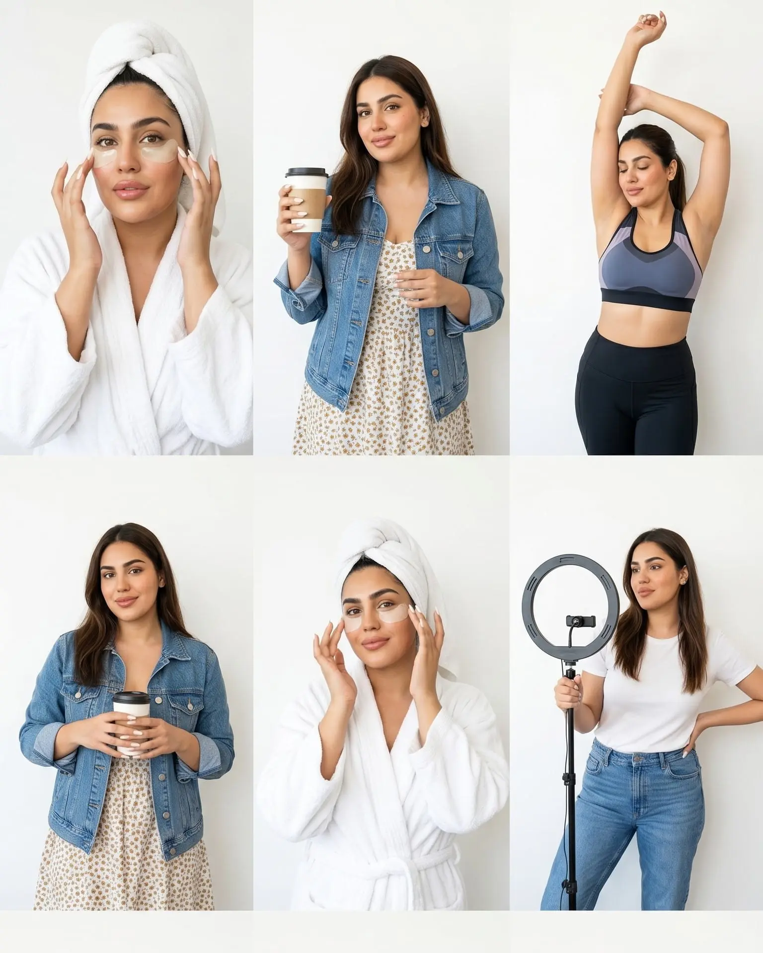 AI influencer lifestyle content collage — six poses including skincare routine, morning coffee, workout and ring-light content creation.