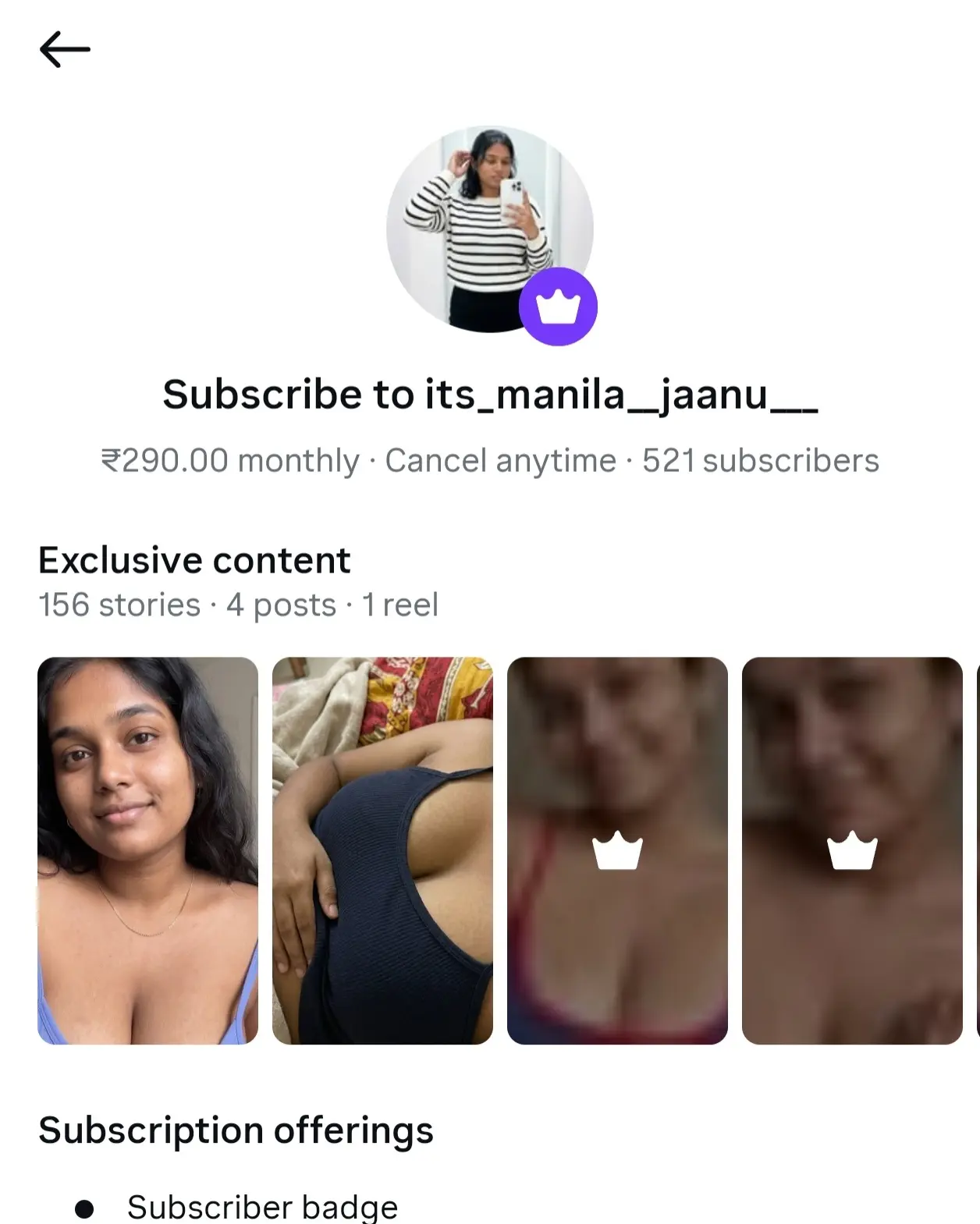 Instagram Subscription page for its_manila_jaanu — ₹290 monthly with 521 subscribers and 156 exclusive stories.