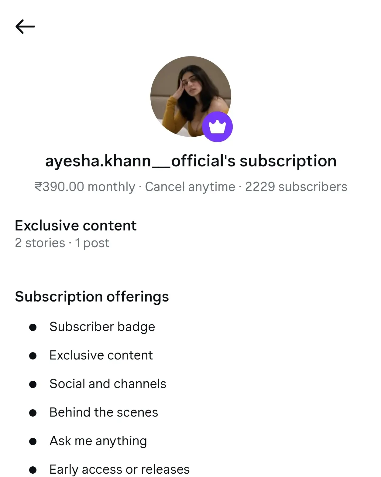 Instagram Subscription page for ayesha.khann__official — ₹390 monthly with 2229 subscribers showing exclusive content and offerings.