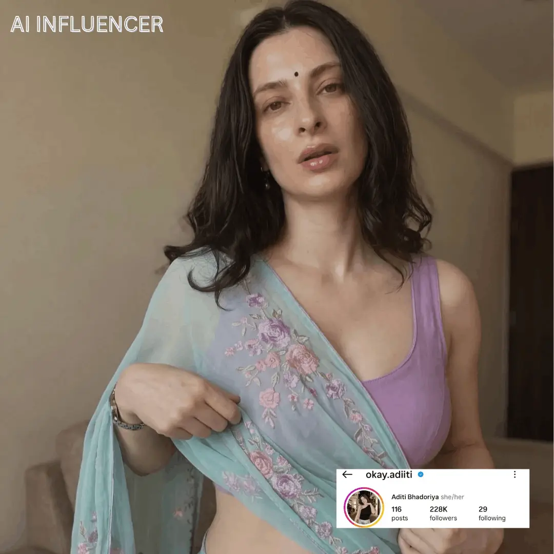 AI influencer Instagram profile preview for okay.adiiti — Aditi Bhadoriya with 228K followers.