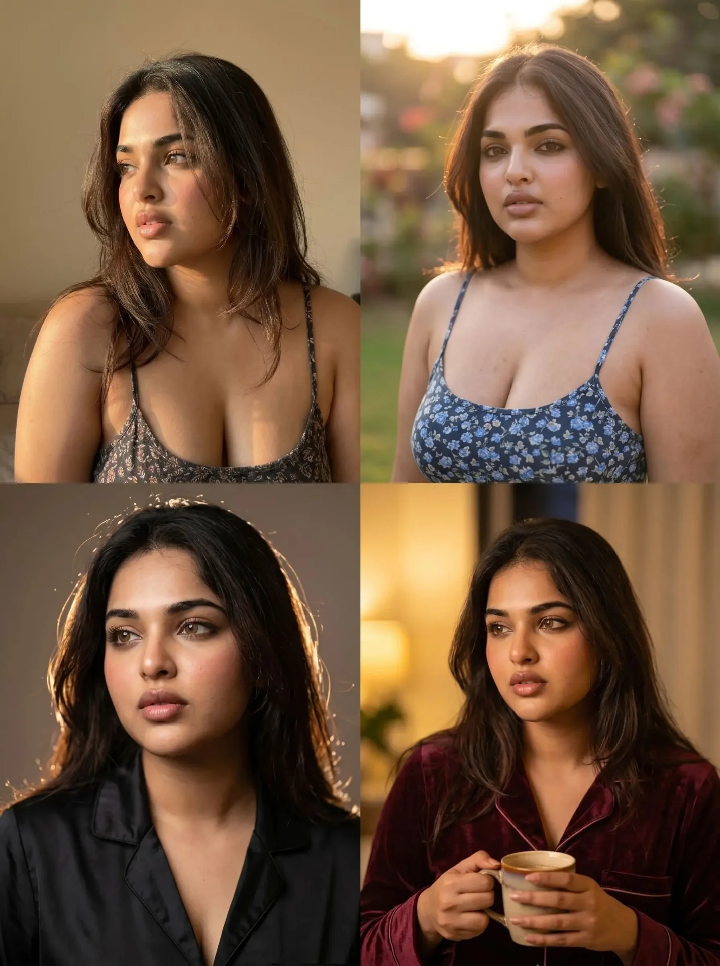 AI influencer portrait variations collage showing four cinematic lighting and outfit variations of the same consistent character.