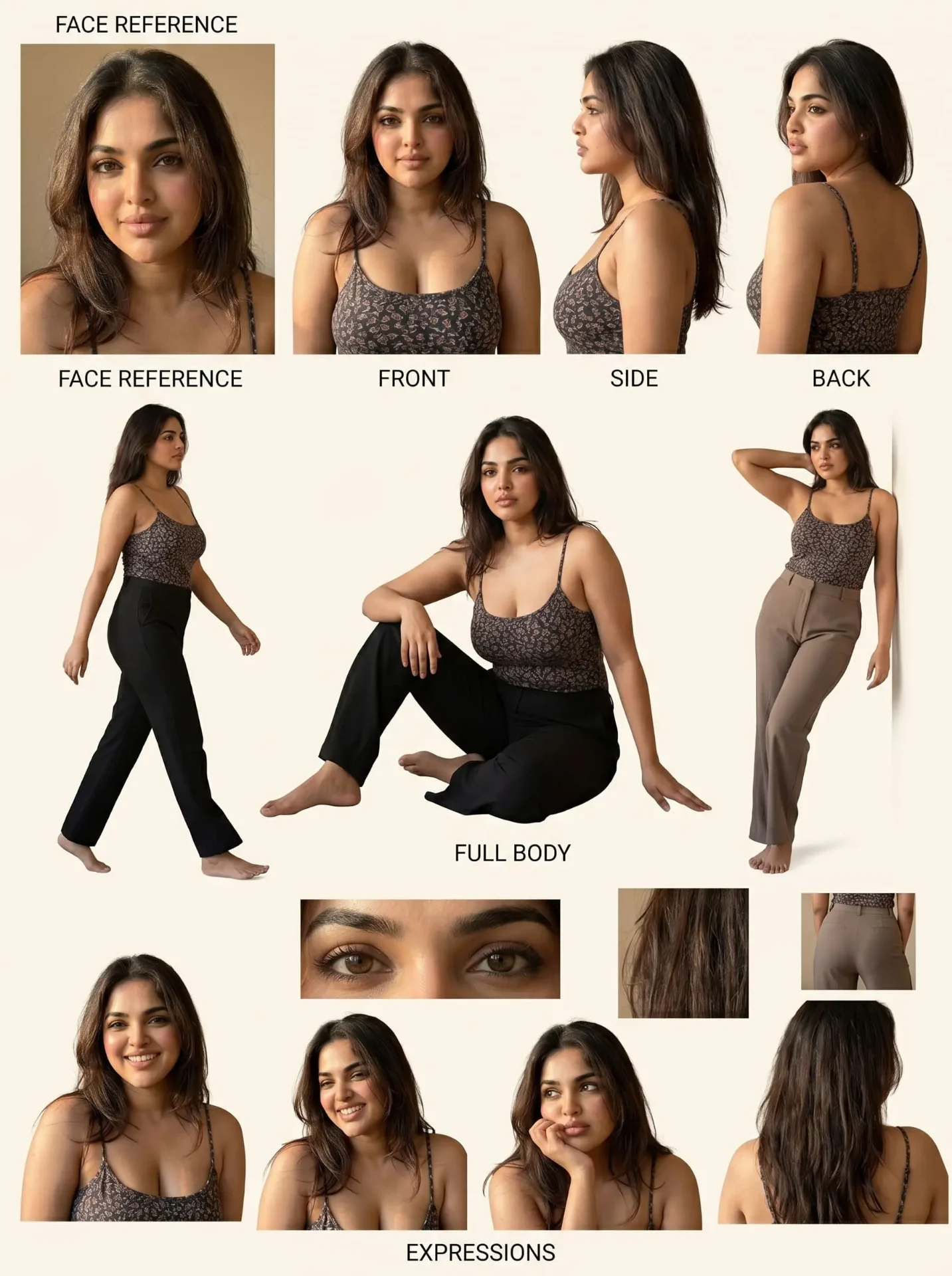 AI influencer character and pose reference sheet with face reference, front, side and back views, full body poses and expression variations.