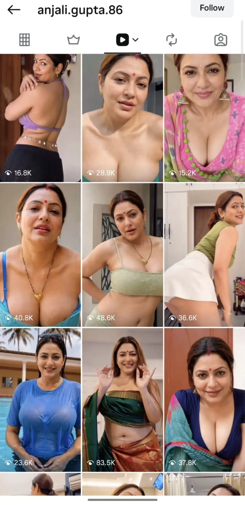 AI influencer Instagram Reel screenshot — anjali.gupta.86 grid of reels.