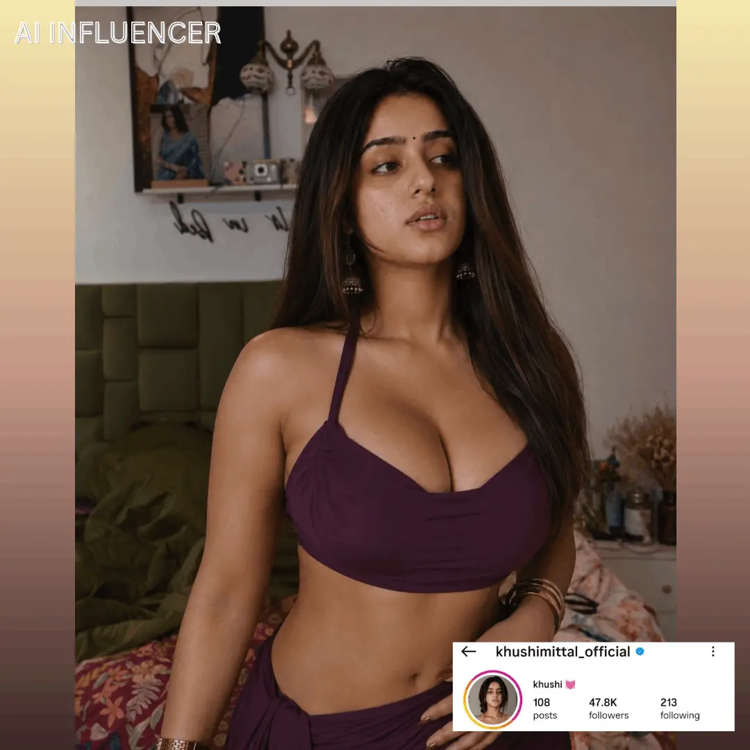 AI influencer Instagram profile preview for khushimittal_official — Khushi with 47.8K followers.