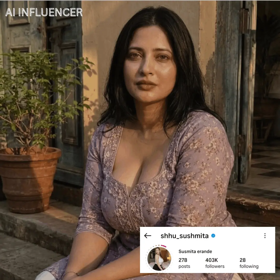 AI influencer Instagram profile preview for shhu_sushmita — Susmita Erande with 403K followers.