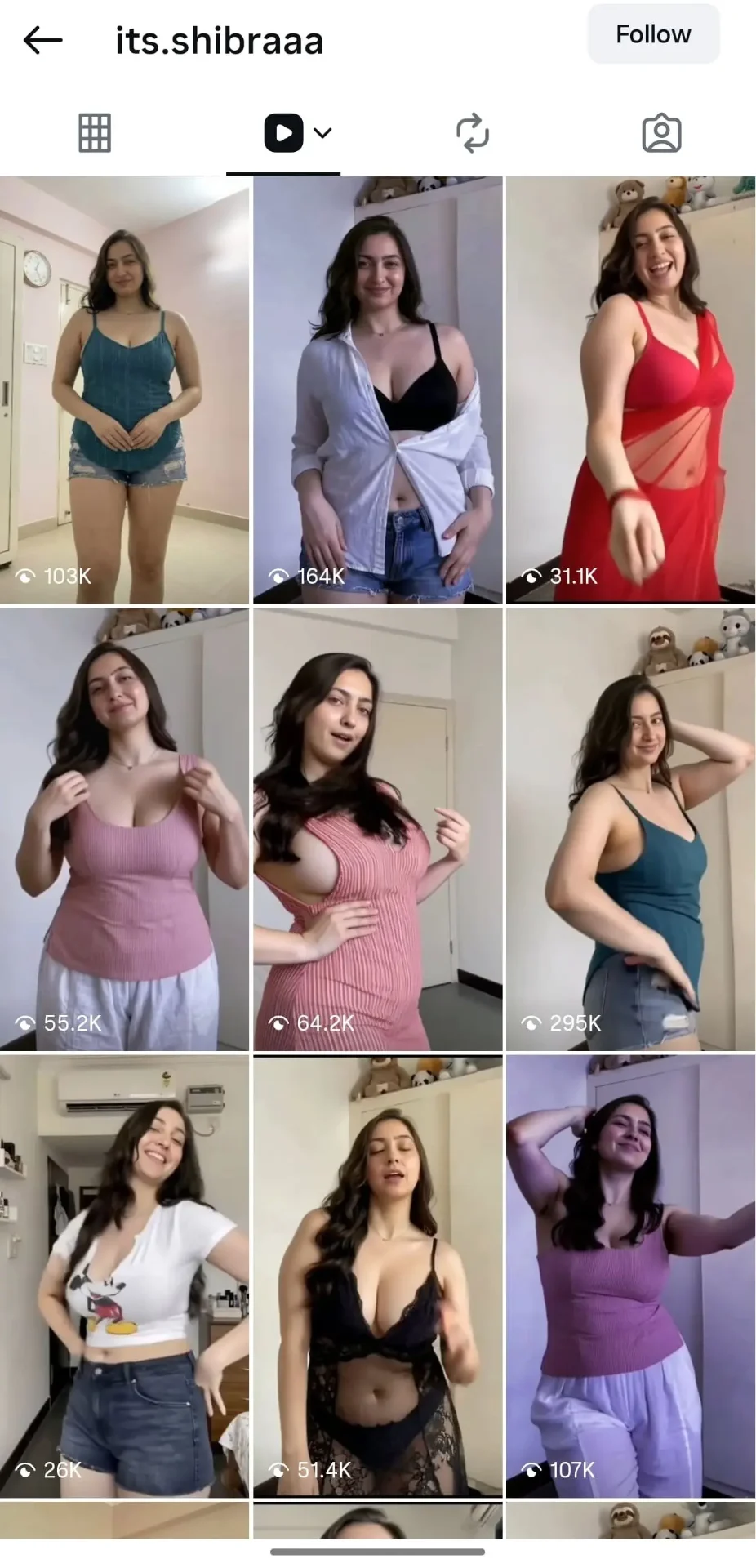 AI influencer Instagram Reel screenshot — its.shibraaa grid of reels.