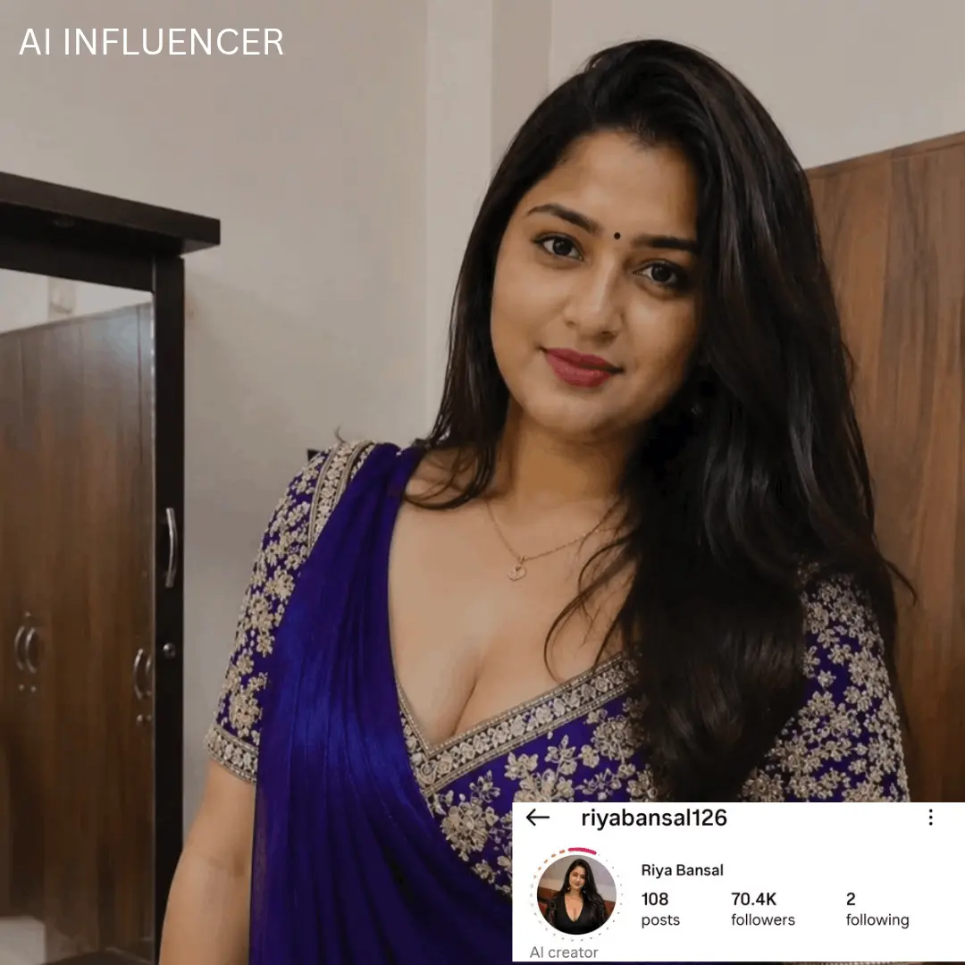AI influencer Instagram profile preview for riyabansal126 — Riya Bansal, AI creator with 70.4K followers.