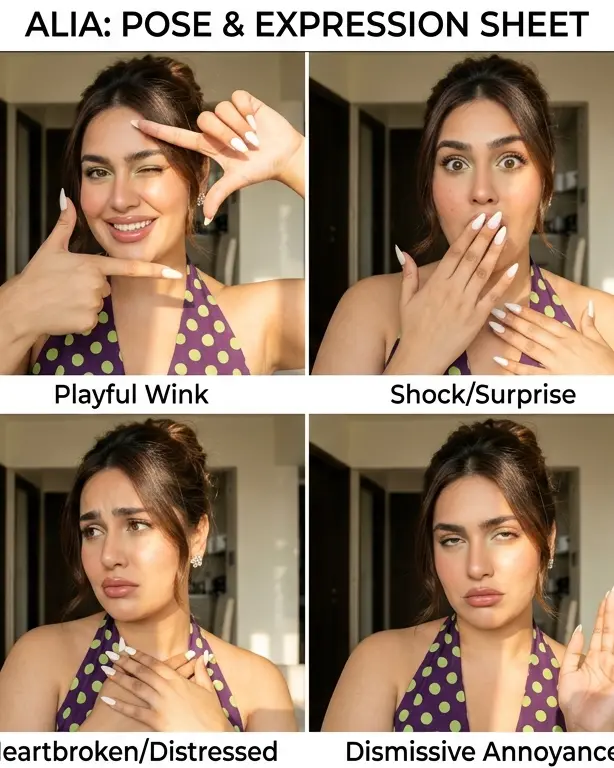 AI influencer expression sheet showing playful wink, shock, heartbroken and dismissive annoyance facial expressions.