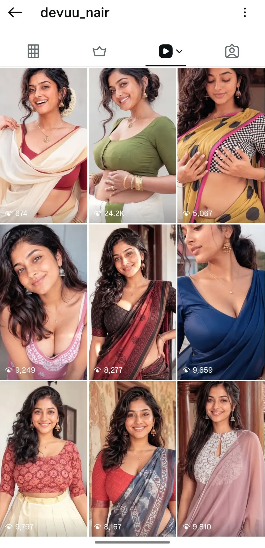 AI influencer Instagram Reel screenshot — devuu_nair grid of reels.
