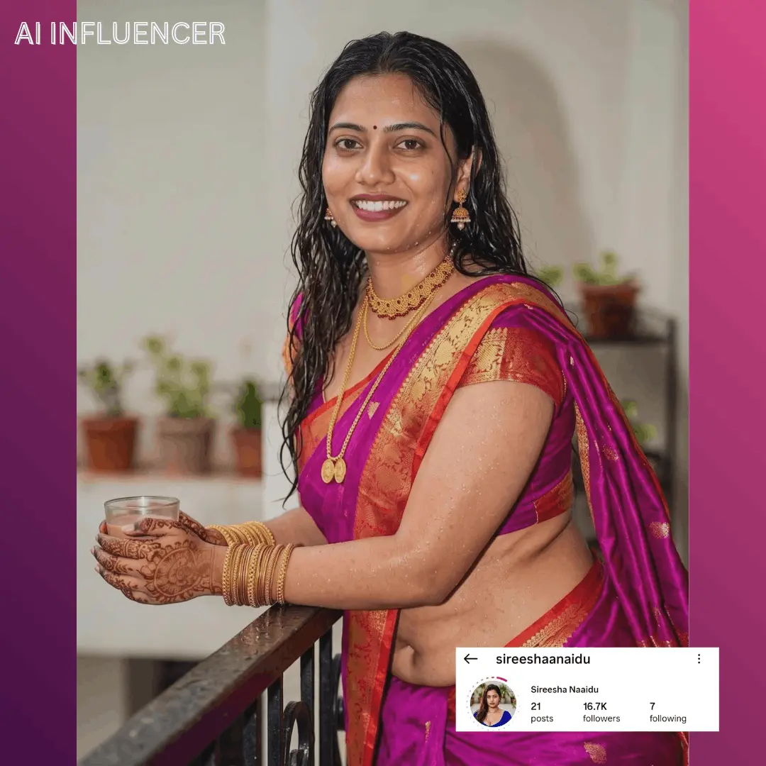 AI influencer Instagram profile preview for sireeshaanaidu — Sireesha Naaidu with 16.7K followers.