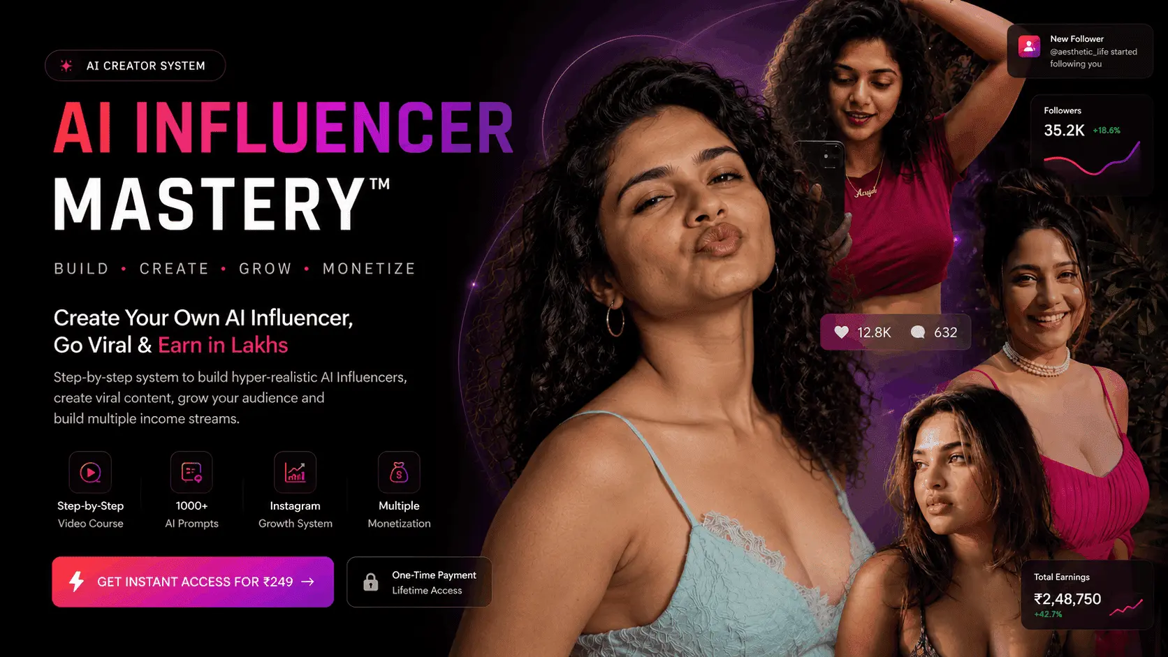 AI Influencer Mastery hero banner showcasing AI creators, Instagram growth, AI content creation and creator monetization.