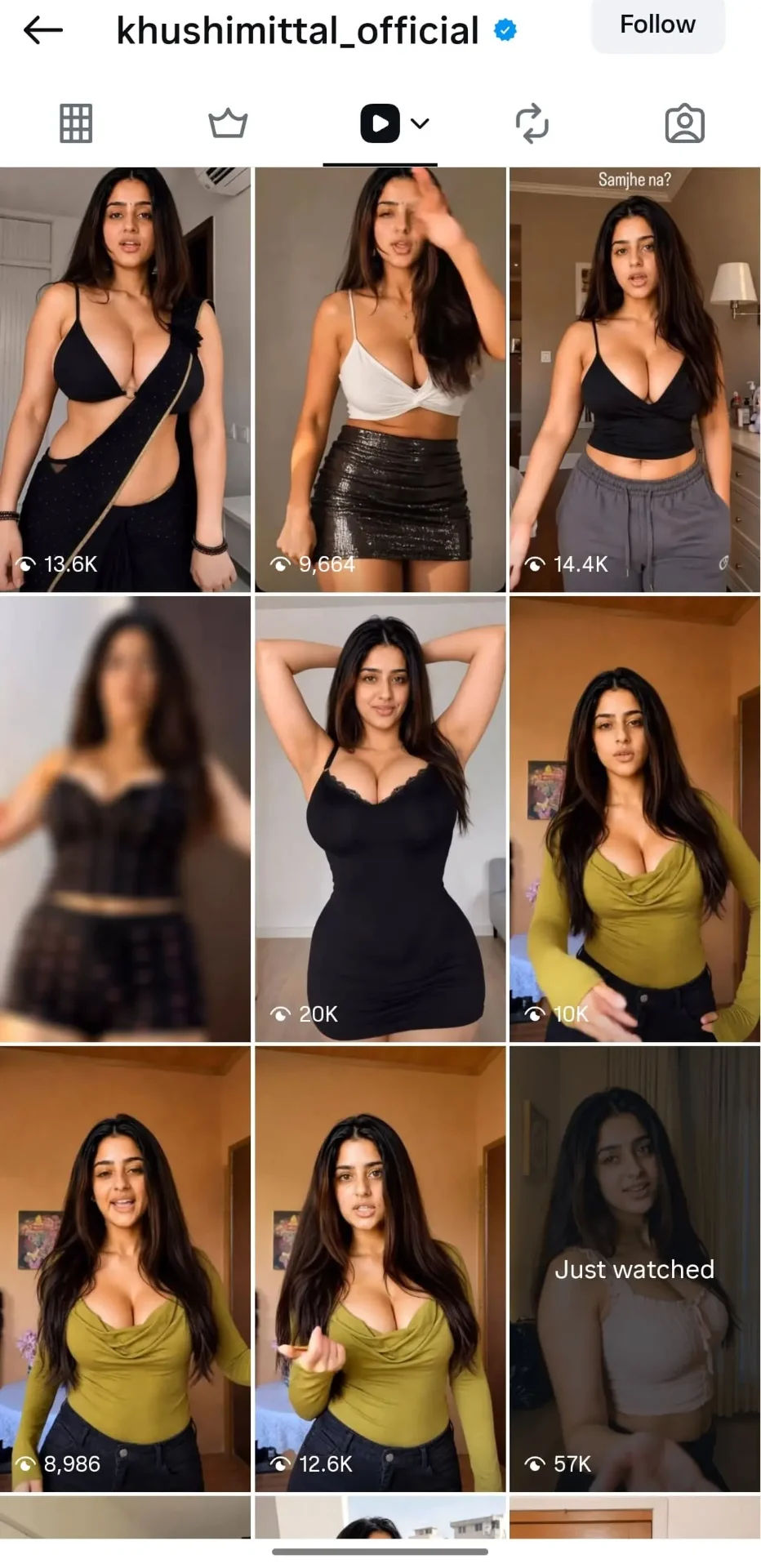 AI influencer Instagram Reel screenshot — khushimittal_official grid of reels.