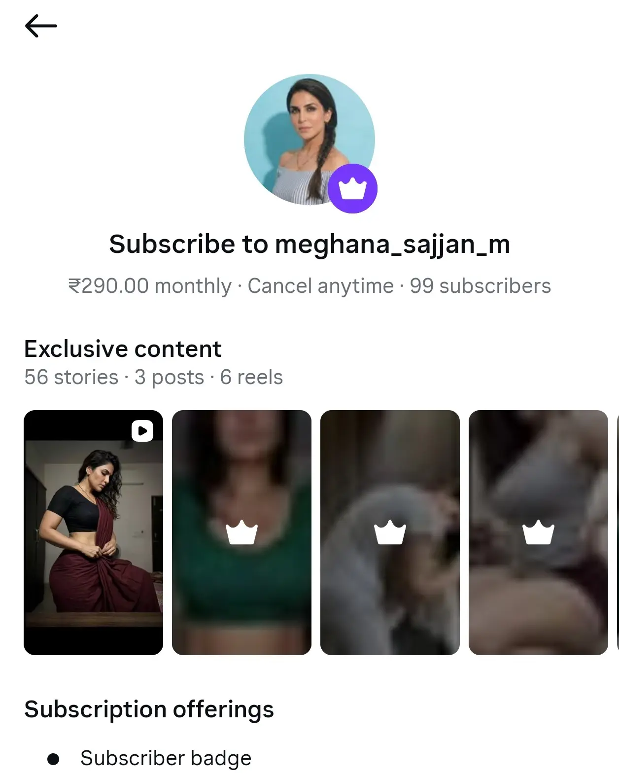 Instagram Subscription page for meghana_sajjan_m — ₹290 monthly with 99 subscribers and exclusive stories, posts and reels.